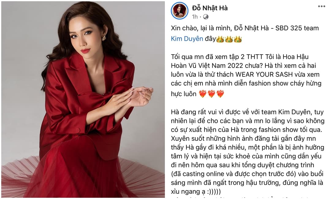Vắng mặt ở Miss Universe 2022, Đỗ Nhật Hà gây lo lắng khi tiết lộ tình trạng sức khoẻ, thậm chí ngất xỉu trong hậu trường